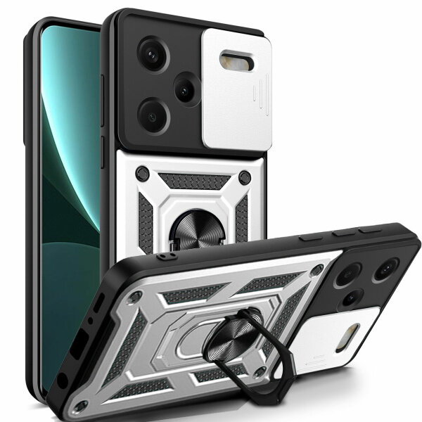 Outdoor Panzer Hülle Xiaomi Redmi Note 13 Pro+ Handyhülle Kameraschutz Ringhalte Silber