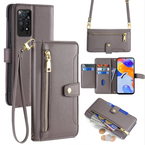 Handykette Xiaomi Hülle mit Band Handyhülle Kartenfächer PU Leder Umhängetasche Redmi Note 11 Pro / Redmi Note 12 Pro 4G Grau