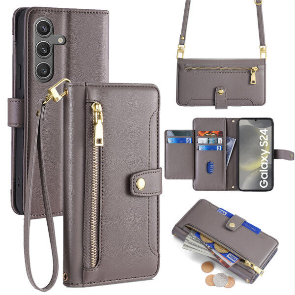 Handykette Samsung Hülle mit Band Handyhülle Kartenfächer PU Leder Umhängetasche Galaxy S24 Grau