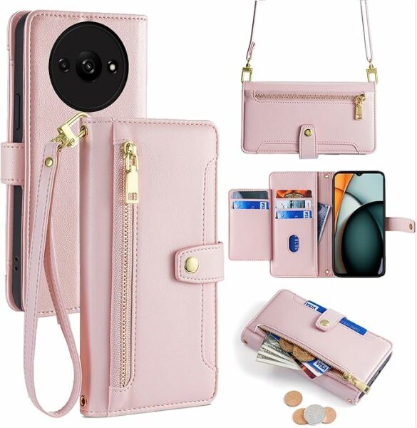 Handykette Xiaomi Hülle mit Band Handyhülle Kartenfächer PU Leder Umhängetasche Redmi A3 Rosa