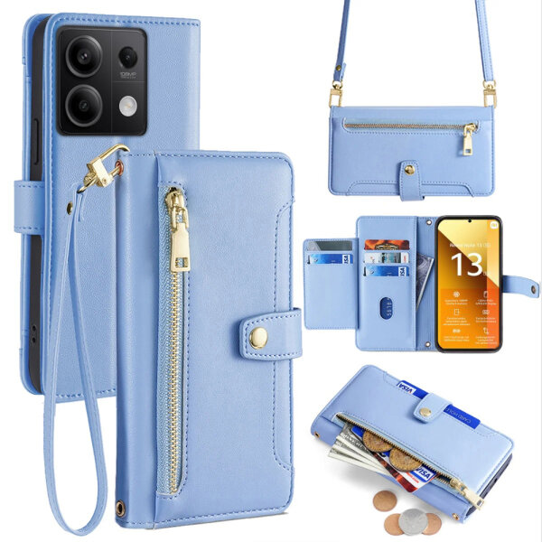Handykette Xiaomi Hülle mit Band Handyhülle Kartenfächer PU Leder Umhängetasche Redmi Note 13 5G Hellblau