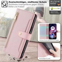 Handykette Motorola Hülle mit Band Handyhülle Kartenfächer Leder Umhängetasche Moto G54 Rosa
