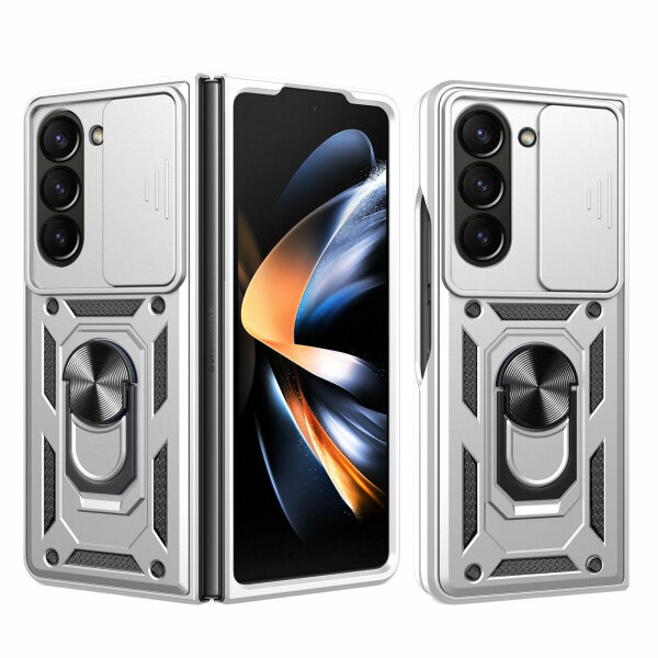 Outdoor Panzer Hülle für Samsung Galaxy Z Fold 5 mit Kameraschutz Ringhalter  Silber