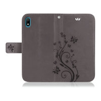 Huawei Handy Tasche Handyhülle Schutz Hülle Blumen Flip Cover Buch Case Etui Huawei Y5 2019 Grau