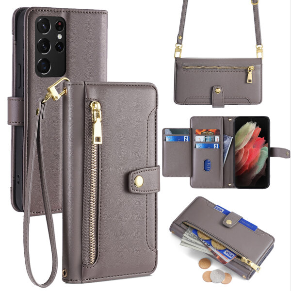 Handykette für Samsung Galaxy S21 Ultra – Handyhülle mit Band PU-Leder Grau