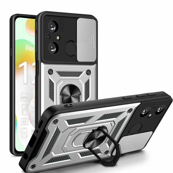 Outdoor Panzer Hülle Xiaomi Redmi 12C Handyhülle mit Kameraschutz Ringhalter Silber