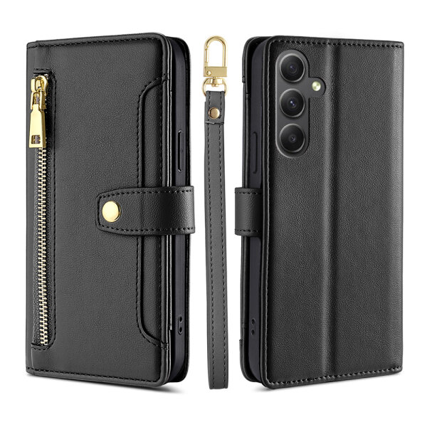 Handykette Samsung Hülle mit Band Handyhülle Kartenfächer PU Leder Umhängetasche Galaxy A35 Schwarz