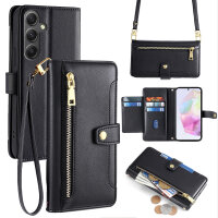 Handykette Samsung Hülle mit Band Handyhülle Kartenfächer PU Leder Umhängetasche Galaxy A35 Schwarz