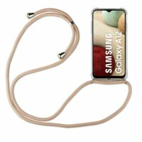 Handy Hülle mit Band Schutzhülle Handykette Seil Silikon Handy Tasche mit Schnur Samsung Galaxy A12 SM-A125F Beige / Braun