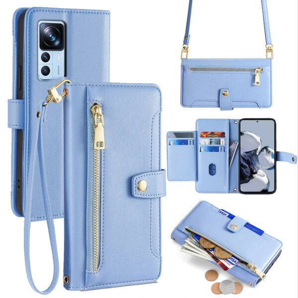 Handykette Xiaomi Hülle mit Band Handyhülle Kartenfächer PU Leder Umhängetasche 12T / 12T Pro Hellblau