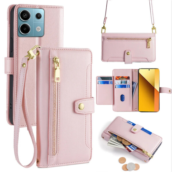 Handykette Xiaomi Hülle mit Band Handyhülle Kartenfächer PU Leder Umhängetasche Redmi Note 13 4G Rosa