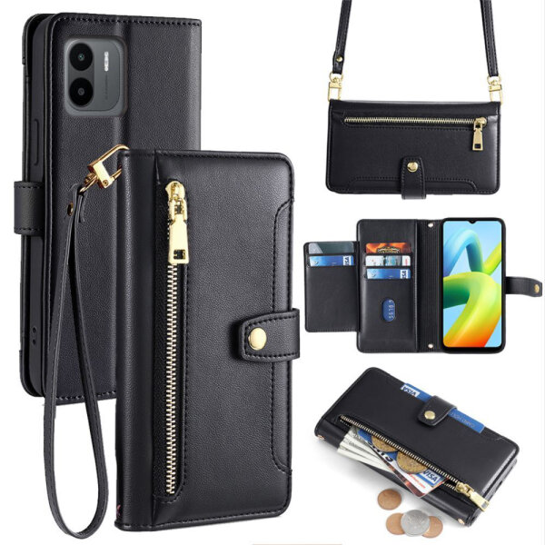 Handykette Xiaomi Hülle mit Band Handyhülle Kartenfächer PU Leder Umhängetasche Redmi A1 / A2 Schwarz
