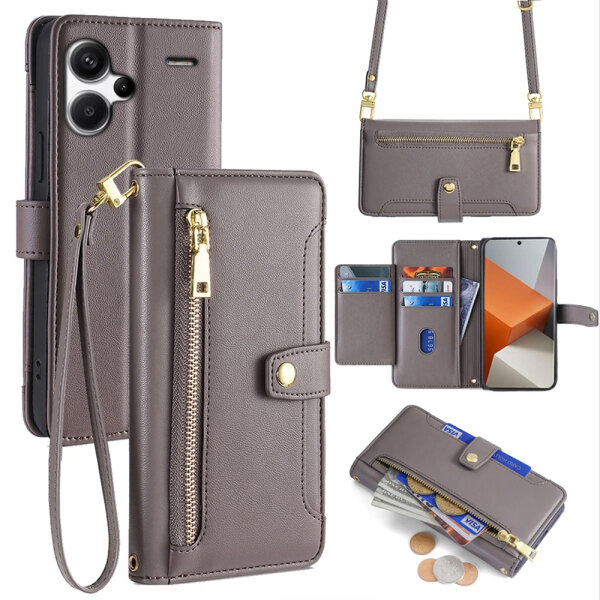 Handykette Xiaomi Hülle mit Band Handyhülle Kartenfächer PU Leder Umhängetasche Redmi Note 13 Pro+ 5G Grau