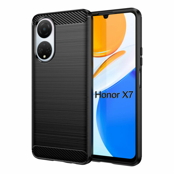 Carbon Hülle für Honor X7 Handyhülle Back Cover Handy Tasche Bumper in Schwarz