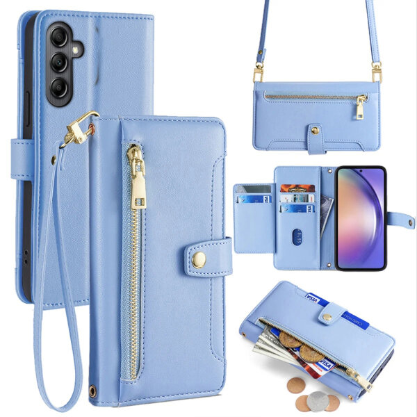 Handykette Samsung Hülle mit Band Handyhülle Kartenfächer PU Leder Umhängetasche Galaxy A34 Hellblau