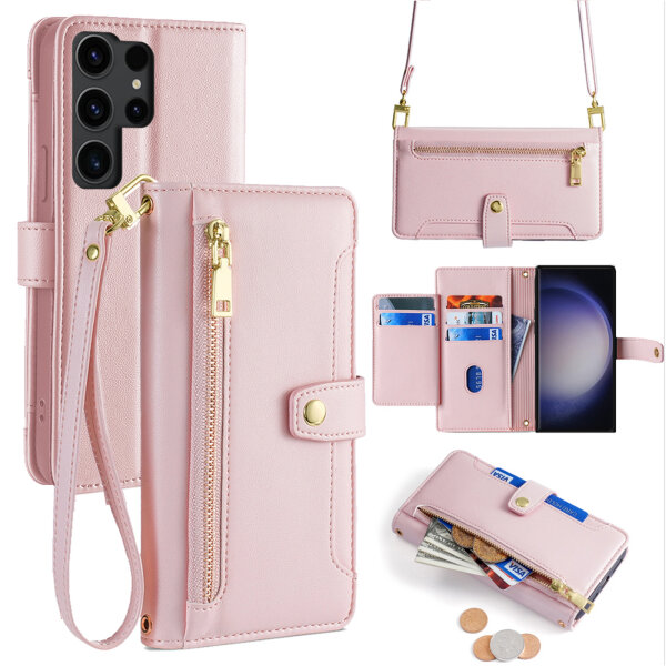 Handykette Samsung Hülle mit Band Handyhülle Kartenfächer PU Leder Umhängetasche Galaxy S23 Ultra Rosa