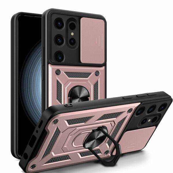 Outdoor Panzer Hülle für Samsung Galaxy S24 Ultra mit Kameraschutz Ringhalter Rosegold
