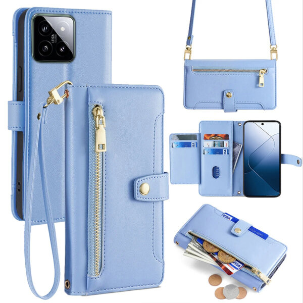 Handykette Xiaomi Hülle mit Band Handyhülle Kartenfächer PU Leder Umhängetasche 14 Hellblau
