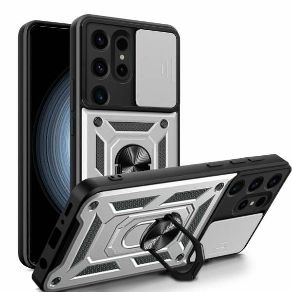 Outdoor Panzer Hülle für Samsung Galaxy S24 Ultra mit Kameraschutz Ringhalter Silber