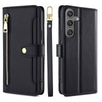 Handykette Samsung Hülle mit Band Handyhülle Kartenfächer PU Leder Umhängetasche Galaxy S24 Schwarz