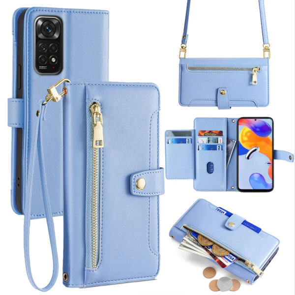 Handykette Xiaomi Hülle mit Band Handyhülle Kartenfächer PU Leder Umhängetasche Redmi Note 11 / 11S 4G Hellblau