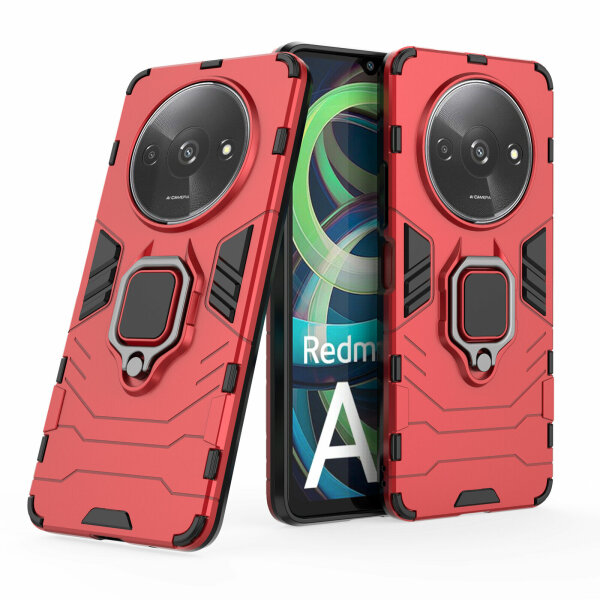 Hülle Xiaomi Redmi A3 Handyhülle Stoßfest 360° Drehbarer Ring Case Back Cover Rot