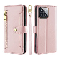 Handykette Xiaomi Hülle mit Band Handyhülle Kartenfächer PU Leder Umhängetasche 14 Pro Rosa