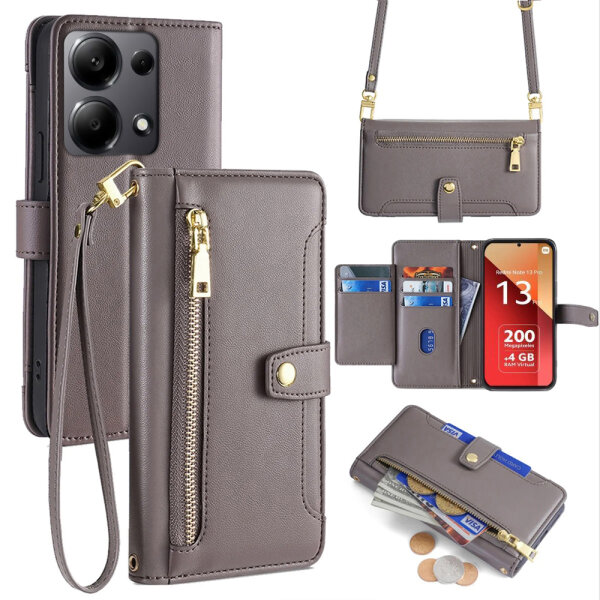 Handykette Xiaomi Hülle mit Band Handyhülle Kartenfächer PU Leder Umhängetasche Redmi Note 13 Pro 4G Grau