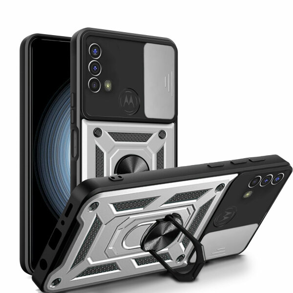 Outdoor Panzer Hülle Motorola Moto E20 E30 E40 Handyhülle Kameraschutz Ringhalte Silber