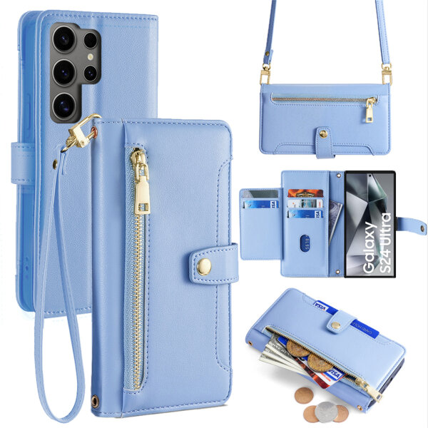 Handykette Samsung Hülle mit Band Handyhülle Kartenfächer PU Leder Umhängetasche Galaxy S24 Ultra Hellblau