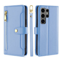 Handykette Samsung Hülle mit Band Handyhülle Kartenfächer PU Leder Umhängetasche Galaxy S24 Ultra Hellblau