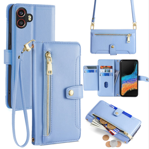 Handykette Samsung Hülle mit Band Handyhülle Kartenfächer PU Leder Umhängetasche Galaxy Xcover 6 Pro Hellblau