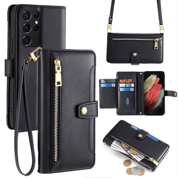 Handykette für Samsung Galaxy S21 Ultra – Handyhülle mit Band PU-Leder Schwarz