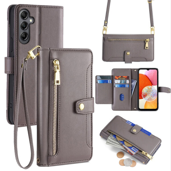 Handykette Samsung Hülle mit Band Handyhülle Kartenfächer PU Leder Umhängetasche Galaxy A14 Grau