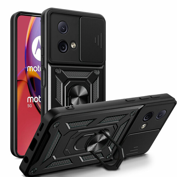 Outdoor Panzer Hülle Motorola Moto G84 Handyhülle mit Kameraschutz Ringhalter Schwarz