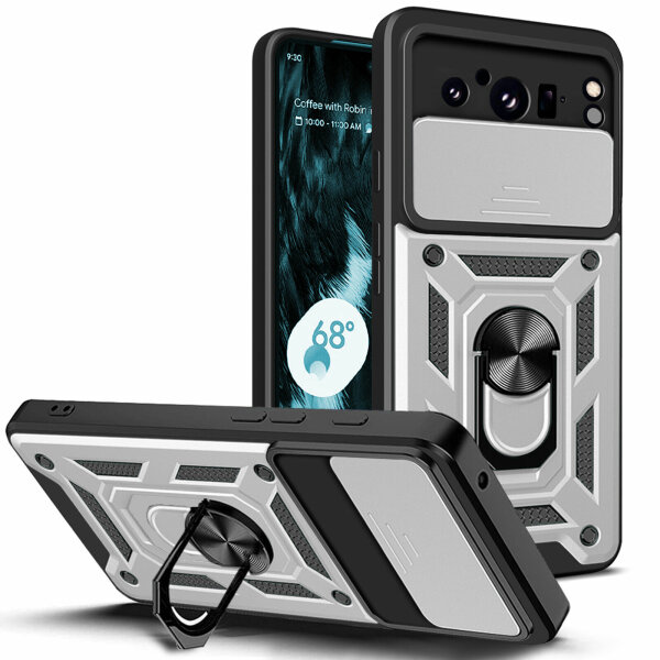Outdoor Panzer Hülle Google Pixel 8 Pro Handyhülle mit Kameraschutz Ringhalter Silber