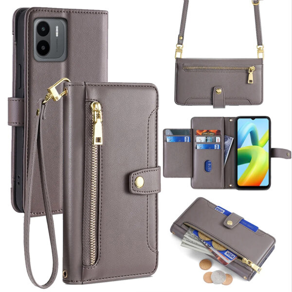 Handykette Xiaomi Hülle mit Band Handyhülle Kartenfächer PU Leder Umhängetasche Redmi A1 / A2 Grau