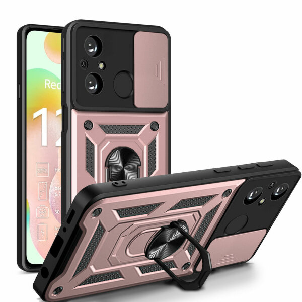 Outdoor Panzer Hülle Xiaomi Redmi 12C Handyhülle mit Kameraschutz Ringhalter Rosegold