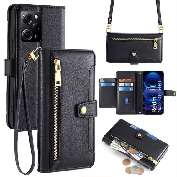 Handykette Xiaomi Hülle mit Band Handyhülle Kartenfächer PU Leder Umhängetasche Redmi Note 12 Pro 5G / Poco X5 Pro 5G Schwarz