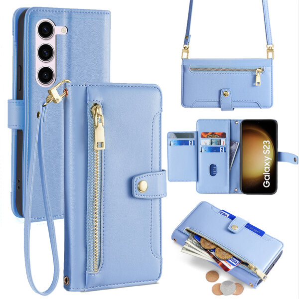 Handykette Samsung Hülle mit Band Handyhülle Kartenfächer PU Leder Umhängetasche Galaxy S23 Hellblau