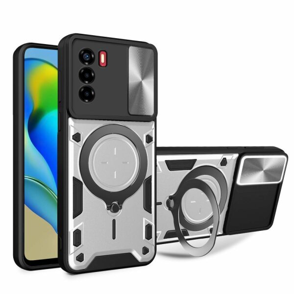 Outdoor Panzer Hülle für ZTE Handyhülle mit Slide Kameraschutz Ringhalter Bumper Blade A53 / A53+ Silber
