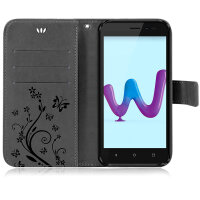 Wiko Handy Tasche Handyhülle Schutz Hülle Blumen Flip Cover Buch Case Etui Wiko Sunny 3 Schwarz