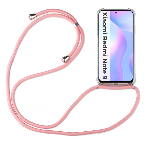 Xiaomi Hülle mit Band Schutzhülle Handykette Silikon Handy Tasche mit Schnur Neu Xiaomi Redmi Note 9 Rosa