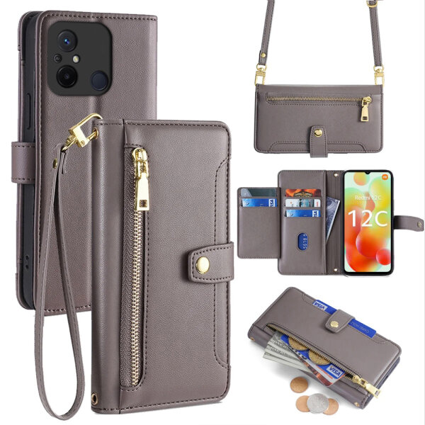 Handykette Xiaomi Hülle mit Band Handyhülle Kartenfächer PU Leder Umhängetasche Redmi 12C Grau