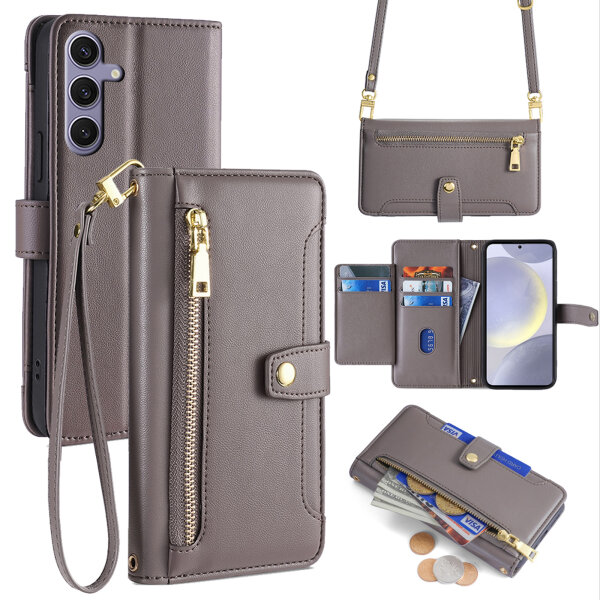 Handykette Samsung Hülle mit Band Handyhülle Kartenfächer PU Leder Umhängetasche Galaxy S24+ Grau