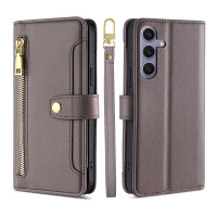 Handykette Samsung Hülle mit Band Handyhülle Kartenfächer PU Leder Umhängetasche Galaxy S24+ Grau