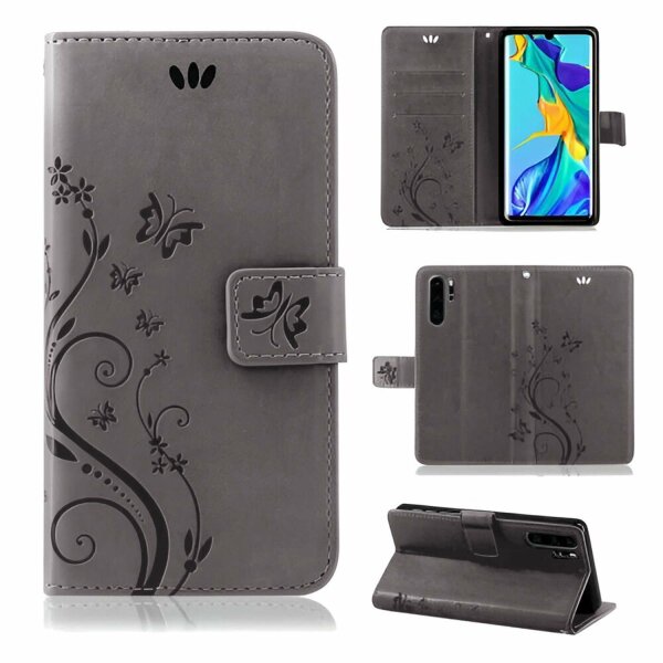 Huawei Handy Tasche Handyhülle Schutz Hülle Blumen Flip Cover Buch Case Etui Huawei P30 Pro Grau