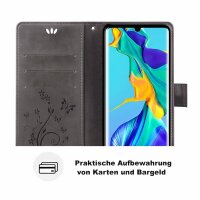 Huawei Handy Tasche Handyhülle Schutz Hülle Blumen Flip Cover Buch Case Etui Huawei P30 Pro Grau