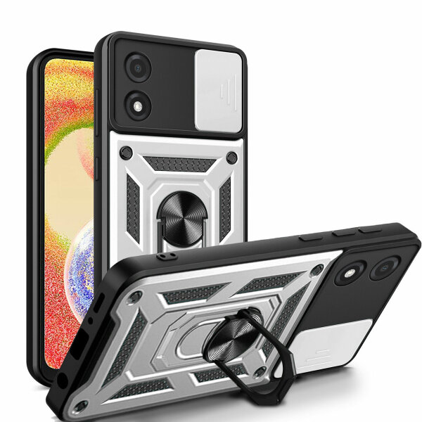 Outdoor Panzer Hülle Motorola Moto E13 Handyhülle mit Kameraschutz Ringhalter Silber