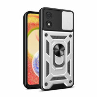 Outdoor Panzer Hülle Motorola Moto E13 Handyhülle mit Kameraschutz Ringhalter Silber